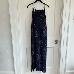 Navy floral slip dress. Side slit. 50" total length. SZ 4. Lined